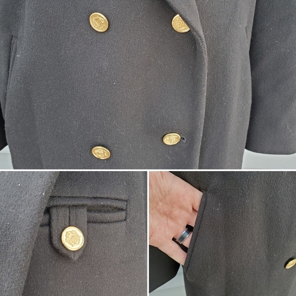Vintage 80s Retro Preppy Acadamia Black Wool Union Made Longline Trench Coat 12 - Picture 4 of 6
